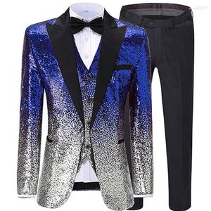 Herrdräkter män 3 stycken mäns kostym glänsande bling paljetter mens smala fit hack lapel tuxedo bröllop formell (blazer västbyxor)