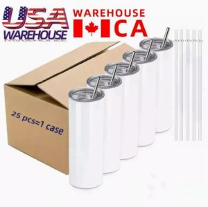 USA/CA Local Warehouse 20-Unzen-Sublimationsbecher, gerade Rohlinge, weiß, vakuumisolierter Becher aus 304-Edelstahl, schlanke DIY-Tassen, 20-Unzen-Tassen, Autokaffeetassen, JN24