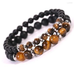 Strand Boeycjr 2pc/set Tiger Eyes Stone Beads Bangles Armband Handgjorda smycken Chakra Energimband för kvinnor eller män