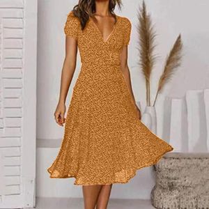 Casual Dresses Women Böhmen Summer Dress V Neck Solid Color Polka Dot Print Kort ärm Ruffle Hem Spet Petite för Womens