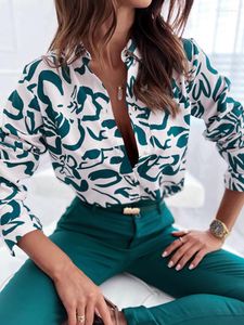 Kvinnors blusar Spring Casual Blue Women Fashion Print Logn Sleeve Top Shirt Autumn Elegant Turn-Down Collar Button Tops Office 2023
