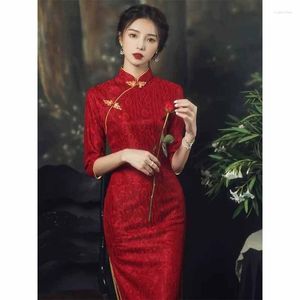 Abbigliamento etnico Sposa cinese Matrimonio Toast Qipao Red Vintage Evening Party Abito Qi Pao Tradizionale Ragazza Spettacolo teatrale Cheongsam