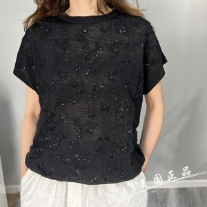 Womens T Shirts Brunello Black Sequined Linen Cucinelli Round Neck Short Sleeve Shirts