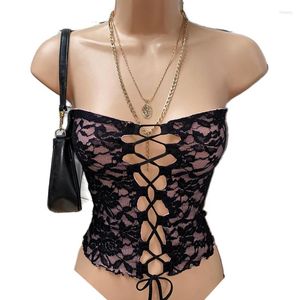 Women's Tanks Y2k Fairy Coquette Backless Bandeau Vest Floral Lace Mesh Boob Tube Tops Frint Tie Up Hollow Out Chest Crop Top Club Party