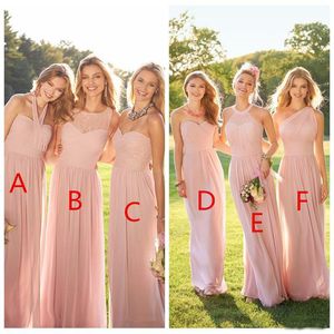 2023 Cheap Pink Pleated Long Lace Chiffon Bridesmaid Dresses Mixed Style Blush Bridesmaid Formal Honor Of Maid Ruffles Custom Wear Party Gowns