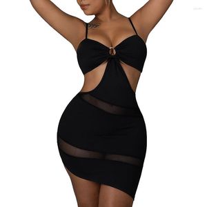 Vestidos Casuais Moda Verão Festa Bodycon Vestido Feminino Mesh Costura Alças Espaguete Sem Encosto Mini Vetidos Bainha Irregular Sexy Clubwear