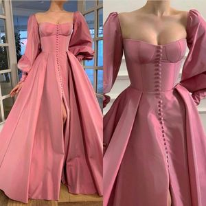 Fashion Pink Prom -klänningar ärmar Front Button Evening Glows Slitte Gleats Ruched Formal Red Carpet Long Special Ocn Party Dress