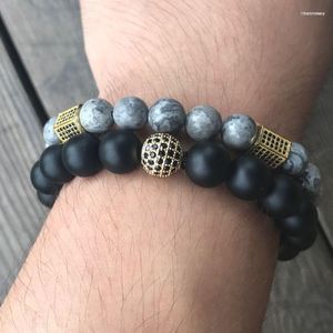 Strand Natural Grey Map Stone Men's Bracelet Aço Inoxidável Strass Beads BraceletsBangle Masculino Yoga Oração Energia Jóias