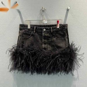 Cintura Alta Saias LXUNYI Denim Saia Feminina Moda Vintage Sexy Feather Patchwork Mini Short Jean Saias Senhoras Runway Mini Saia