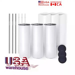 US Ca Stock Diy Sublimation Tumbler de 20 oz de copos retos de palha de metal aço inoxidável Slim Tumble a vácuo Isolle Travel Canecas Presente Jn24