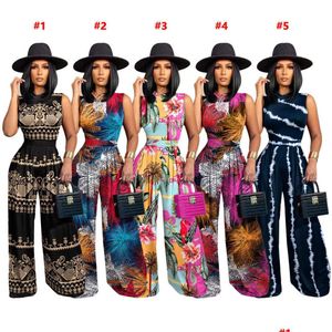 Women'S Two Piece Pants Women Designers Clothes 2023 Spring And Summer Fashion Pattern Printed Sleeveless Jumpsuit Wide Leg Set Drop Dhyg4