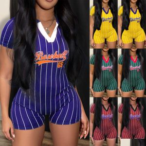 Macacões femininos macacões roupas de estilistas femininos 2023 clubwear amp decote em v azul primavera e verão baseball fashion print bodysuit D Dha8Y