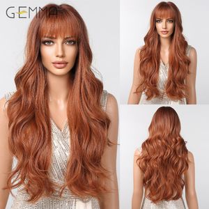 Cosplay Wigs GEMMA Copper Ginger Long Wavy Synthetic Wig with Bangs Red Brown Natural Wave Hair Wigs for Women Heat Resistant Cosplay Wig 230621