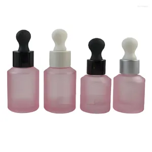 Storage Bottles Glass Refillable Bottle Frosted Pink 15ml 30ml Cosmetic Packaging Big Rubber Top Empty Essence Emulsion Dropper Vials 15pcs