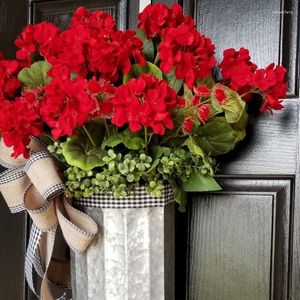 Kwiaty dekoracyjne sztuczne czerwone geranium wiadro wieniec wieniec wieńca rustykalny girland wiosna letnia impreza do domu przednie drzwi