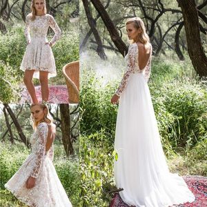 Vintage koronkowe sukienki ślubne z odłączoną spódnicą z długim rękawem aplikacje z koralikami Kolan Długość sukienka ślubna linia bez pleców Bridal G2106