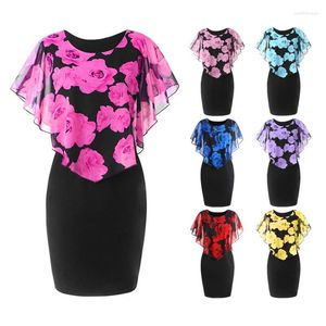 Party Dresses Womens Ruffle Dress Elegant Office Lady Rose Flower Print Cape BodyCon Kne Length Evening Plus Size Size