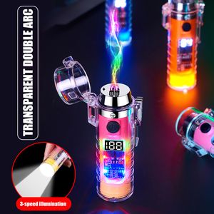 New Double Arc USB Lighter Transparent Waterproof Outdoor Lighter with Flashlight Windproof Electric Lighter Recharge Gadgets