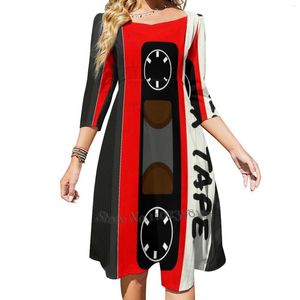 Casual Dresses Red Mix Tape Evening Party Midi Sexy Dress Female Sweet One Piece Korean Cassette Cool 80S Band Music