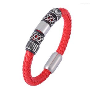 Charm Armbänder Punk Rot Gewebtes Lederarmband Für Männer Edelstahl Vintage Geflochtene Armreifen Männlicher Glücksschmuck Freund Geschenke SP1163