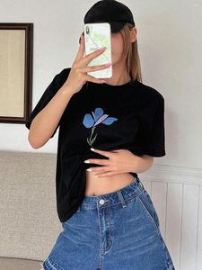 Camisetas femininas A Blue Flower Print Womens Cotton Manga Curta Personality Tops All-Math Tops Oversize O-neck T-Shirt Street Trend Woman