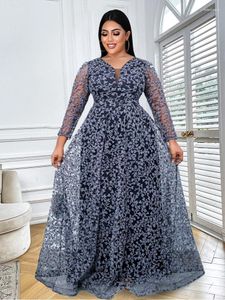 Vestidos Plus Size 4XL Vintage Para Mulheres 2023 Estampado Fofo Tule Renda Manga Longa Decote em V Fit Flare Festa de AniversárioPlus