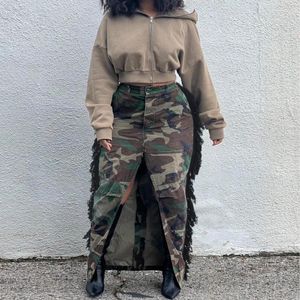 Skirts Fashion Camouflage Washed Denim Tassel Long Skirt Women Sexy High Split Slim Cargo Y2k Streetwear 2023 Casual Maxi