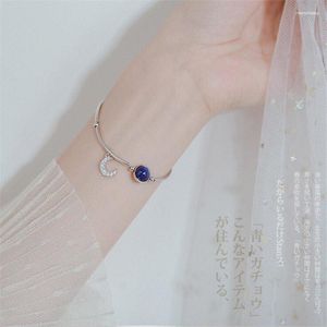 Bangle Fine Silver Color Female Bracelets Sweet Elegant Blue Crystal Bean Zircon Moon Pendant Chain For Woman Mujer Gifts SB067