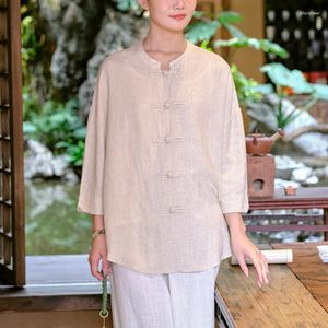 Women's Blouses QPFJQD Female Retro Linen Button And Tops 2023 Spring Autumn Seven Sleeve Women Chinese Style Shirts Stand Solid Color