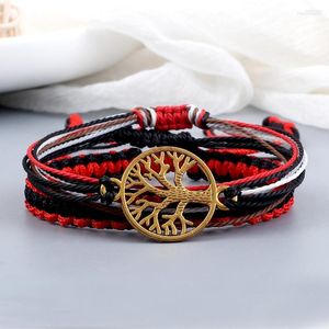 Strand 3Pcs/Set Wax Line Bracelet Black Red Color String Bangles Metal Aum Waves Tree Life Pendant Pulsera Jewelry Gift For Friend