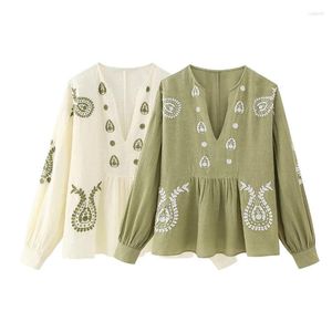 Dames Blouses Vrouw Casual Groen Losse Katoenen Geborduurd Shirt 2023 Lente Vrouwelijke Zachte V-hals Shirts met Lange Mouwen Chique Nationale Stijl Tops