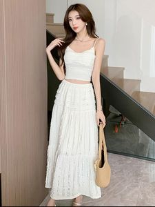 Work Dresses Elegant Summer Ladies Lace Spaghetti Strap Short Vest High Waist Midi Skirt Korean Women's Clothes Two-piece Suit Female