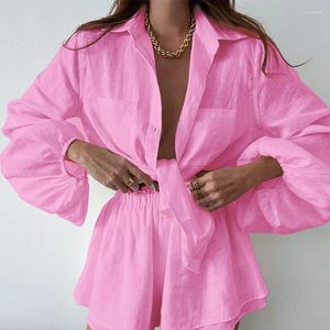 Women's Tracksuits Women's Suit Shorts 2 Pieces Matching Sets Cottom Elegant Lantern Sleeve Blouses 2023 Spring Summer Clothes For