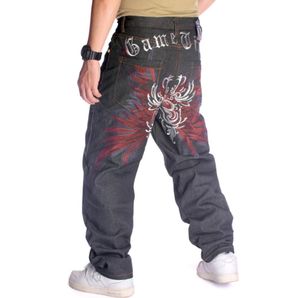 Trendy Men/HIPHOP Loose Straight Skateboard Pants Embroidered Flower Wings Hip Hop Denim Pants Plus Size 30-46