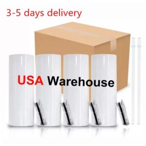 US/CA Stok Süblimasyon Tumblers Kupalar 20 Oz Paslanmaz Çelik Düz Boş Kupalar Beyaz Tumbler Kapak ve Saman Isı Transferi Diy Hediye Kahve Kupa Şişlesi 20oz Jn24