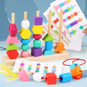 Blocks Montessori Wooden Toys Color Shape Matching Puzzle Game Colorful Beaded Cognition Early Educational Gift for Girl Boy 230621