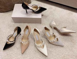 Women fashion dress shoes pumps luxury brands shoes high heel Aurelie sandals Latte Patent Leather Pointed and Pearl Embellishment wedding party Heels Shoe