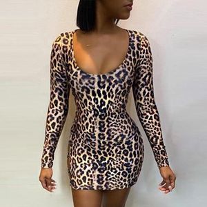 Casual Dresses BKld Sexig Leopard Print Bandage Långärmad klänning Kvinnor Backless BodyCon Mini Fashion Party Clubwear Outfit