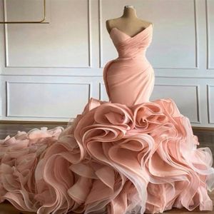 Blush Pink Mermaid Sukienki ślubne luksusowe marszczone V SKIECIK SKRZYNKI ROCHED RUCHED Custom Made Chapel Bridal Suknia Vestido de Novia2063