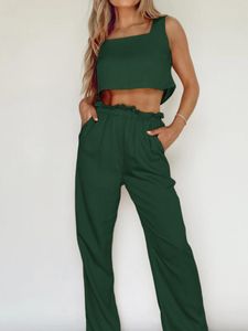 Women's Sleepwear Green Pajamas For Women 2 Piece Sets Sleeveless Crop Top Female Casual Ruffle Trouser Suits 2023 Spring Solid