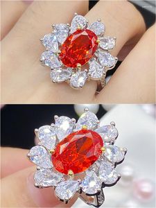 Klusterringar unika orange kristallblommor diamanter ädelstenar för kvinnor 18k vitt guld silver färg fina smycken bijoux chic band gåva