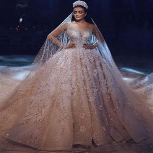 Vestidos de Baile Luxuosos Vestidos de Noiva Apliques Florais 3D Renda Decote Transparente Vestido de Noiva Pérolas Conta robe de mariee246h