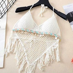 Kvinnotankar Kvinnor Böhemisk stil Halter Camisole stickad strandkläder med Pad Crochet Tops Bikini Top Tassel Camis V Neck ihålig ut