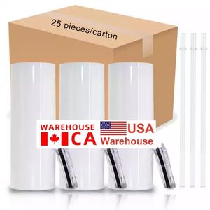 USA Warehouse 25pc/Carton Straight 20oz Sublimation Tumblers Blanks White Slim Beer Cups diy Coffee Mug