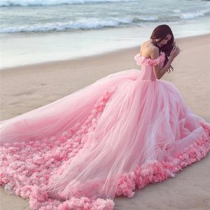 2021 Pink Cloud 3D Flower Rose Wedding Dresses Long Tulle Puffy Ruffle Robe de Mariage Bridal Gown Said Mhamad201G