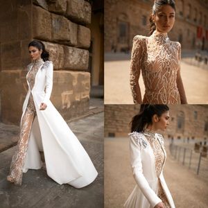 2020 Julie Vino Boho Wedding Jumpsuit med långjacka hög krage spetspärlor strand bröllopsklänning en linje sveptåg vestidos de n206s