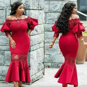 2023 Sexy African Girl Red Mother Of the Bride Vestidos Sereia Ombro Fora Mangas Bufantes Renda Cetim Plus Size Vestidos de Noite Vestir