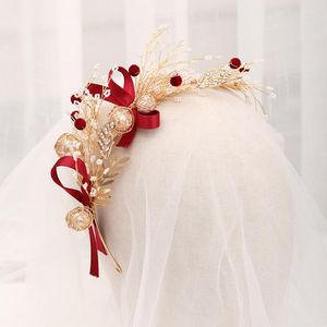 Fermagli per capelli FORSEVEN Color oro Bowknot rosso Brillanti perle di cristallo Fasce per capelli Gioielli per velo da sposa Sposa Noiva Diademi e corone da sposa