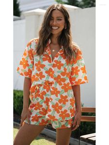 Damskie dresy foridol Odkręć kołnierz szerokie nogi spodenki Orange Beach wakacyjny zestaw wakacji na przycisk Dwie kawałki Buho Floral Fashion Summer Women