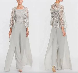 Two Pieces Jumpsuits Mother Of The Bride Dresses With Lace Jacket Silver Gray Chiffon Long Evening Party Gowns Pantsuits Plus Size Wedding Guest Mother's Dress AL948